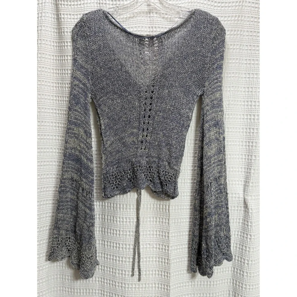 Free People Zinnia Top Women XS Blue EUC Ruched Bell Sleeve OB1469520 Boho